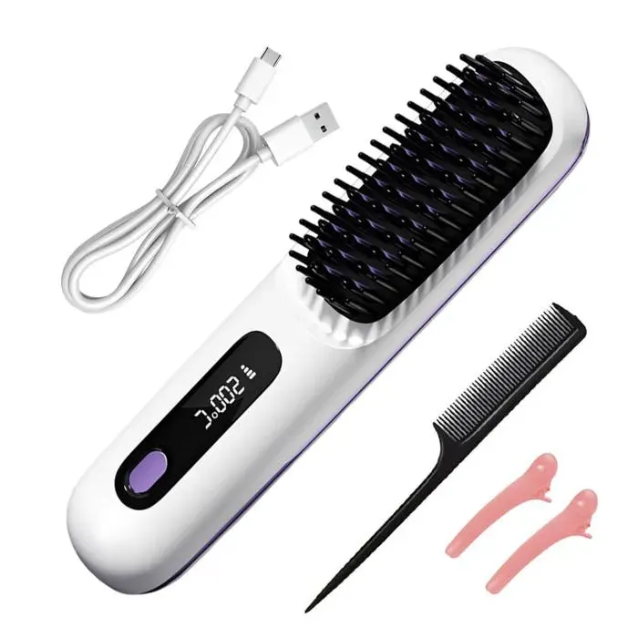 Brosse Lissante Cheveux 1 Pièce - Peigne Chauffant Ionique Sans Fil Rechargeable 3 Températures LED - Anti Brûlure Dupcheliry