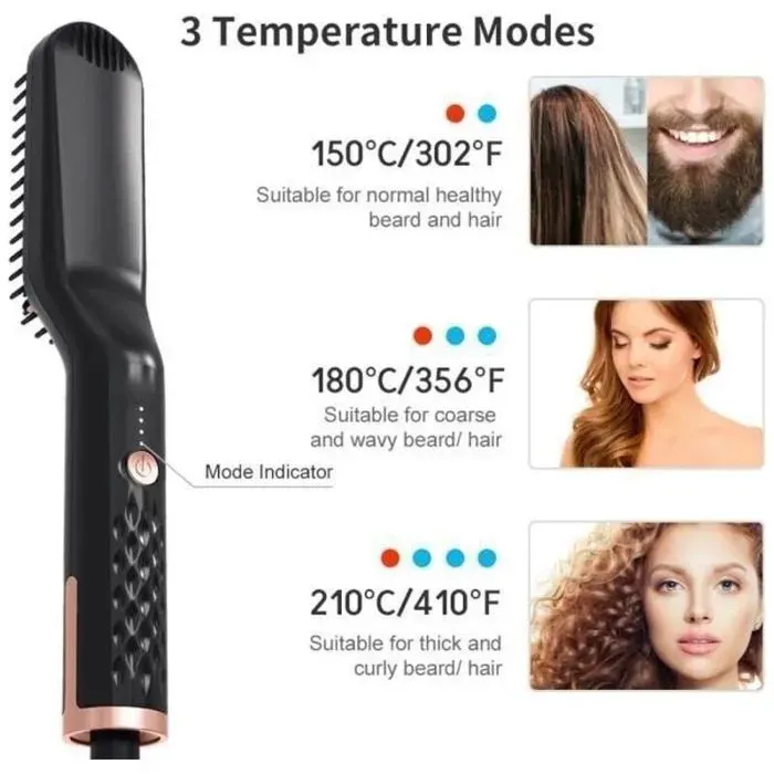 Brosse lissante cheveux et barbe - Chauffage rapide Température ajustable - Coiffure - 3 en 1