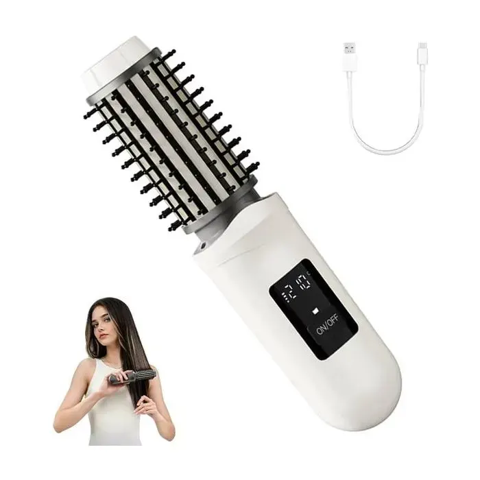 Brosse lissante et bouclée sans fil rechargeable portable chauffante 3 réglages de température avec écran LCD - blanc.