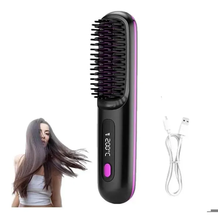 Brosse Lissante Femme Portable Peigne Chauffant pour CheveuxFer à Lisser Sans FilLisseur IoniqueTempérature Réglable (Noir)