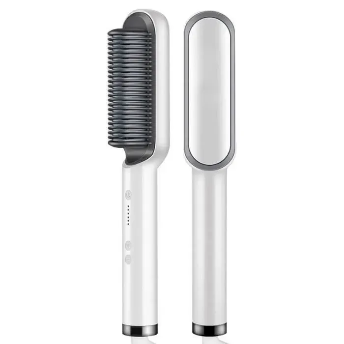Brosse Lissante ionique - Brosse Chauffante Céramique Professionnelle - Chauffage rapide -Double utilisation droite et bouclée — coloris Blanc