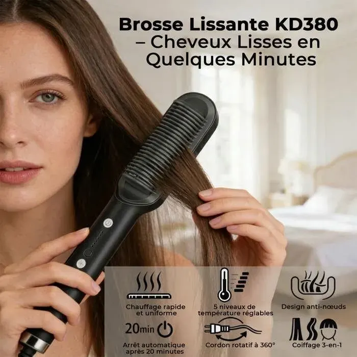 Brosse lissante - K.SKIN - KD380 - Chauffage PTC 3D - 5 températures 130‑200°C - Arrêt auto 30min