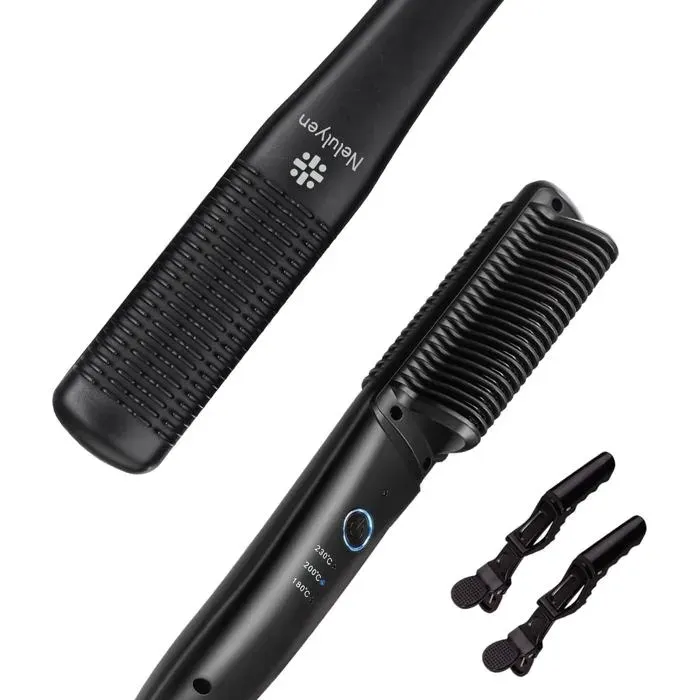 Brosse lissante : Peigne lissant anti-arrachage céramique 30s rapide professionnel anti-brûlure (Noir)