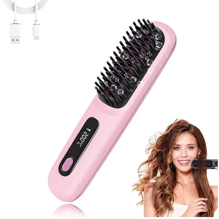 Brosse lissante peigne lisseur lisseur sans fil 199 millions danions brosse chauffante pour lisser les cheveux-Rose