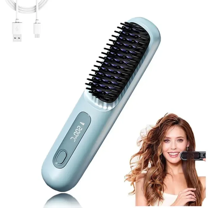 Brosse lissante peigne lisseur lisseur sans fil 199 millions danions brosse chauffante pour lisser les cheveux-bleu