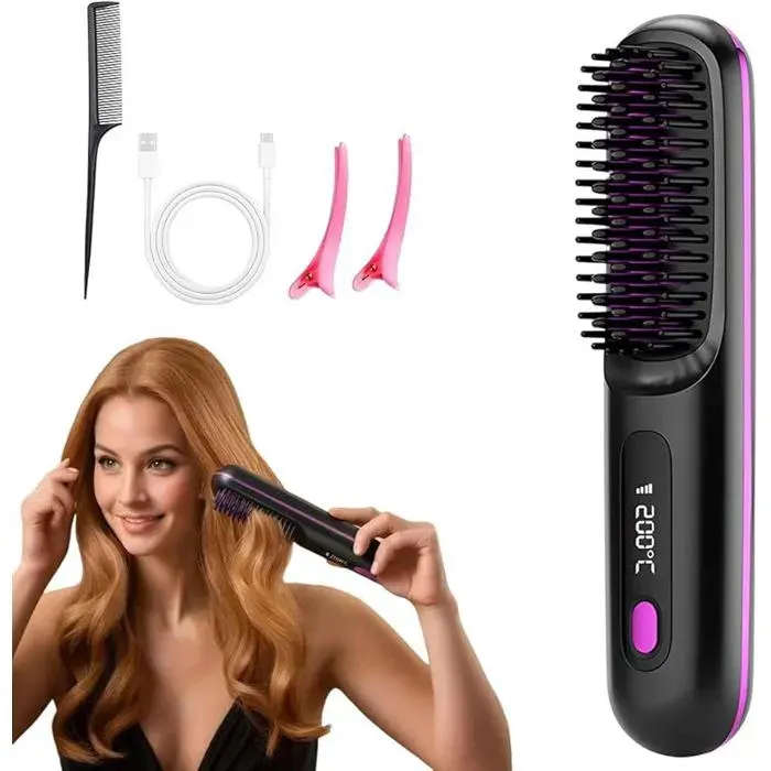 Brosse Lissante Portable Sans Fil 2026 Nouveau Peigne Chauffant avec 3 Températures Brosse Chauffante Cheveux Court PEIGNE LASER — coloris Noir
