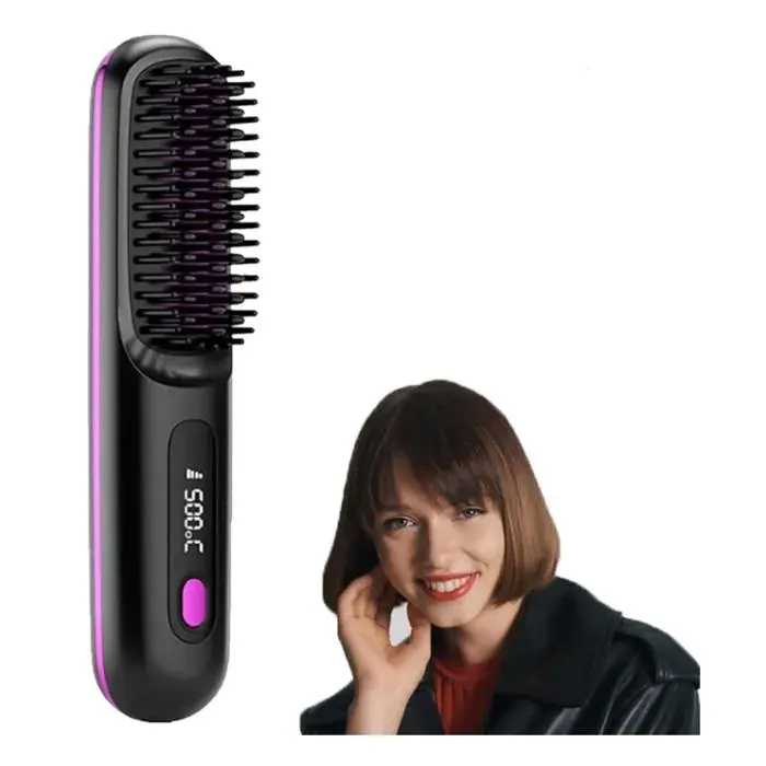 Brosse Lissante Portable Sans Fil Brosse Chauffante Cheveux Court Anti-BrûLure Avec éCran Led Rechargeable Pour Tous Types(Black)