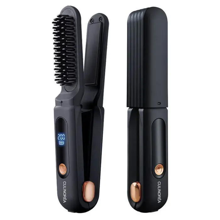 Brosse lissante pour cheveux 2 en 1 avce - TepidBee - fer à lisser multifonctionnel sans fil portable avec fonction friser tempéra — coloris Noir