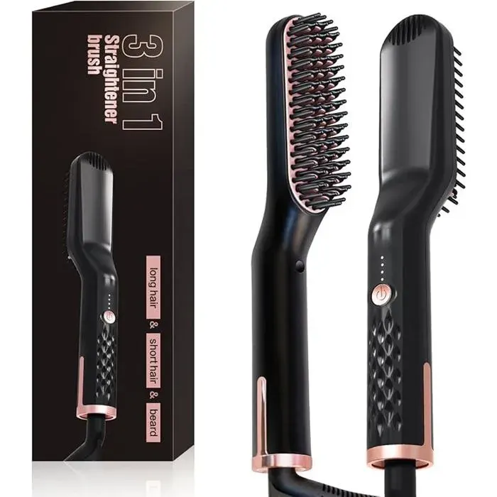 Brosse Lissante pour Cheveux 3 en 1 Brosse Chauffante Fer a Lisser Lisseur Barbe Anti-Brûlure Ionique & Céramique 30S Chauffage