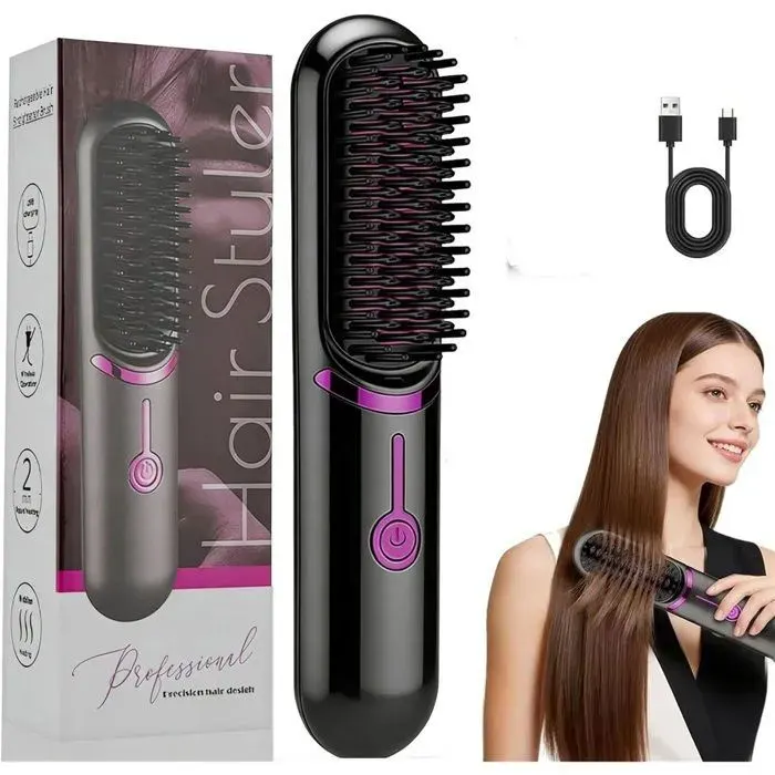 Brosse Lissante pour Cheveux ionique négative portable sans fil fers à lisser peigne de défrisage avec fonction de charge USB