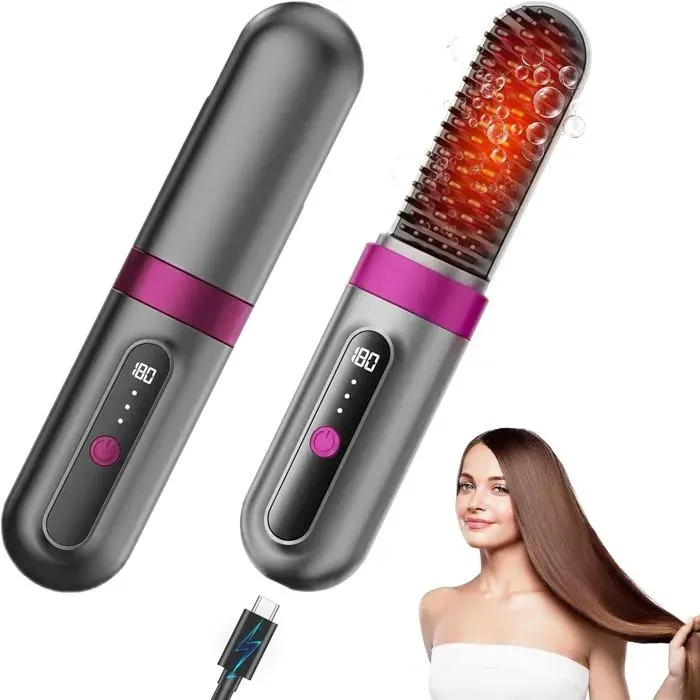 Brosse Lissante Pour Cheveux Portable Sans Fil Électrique Brosse Chauffante Affichage Lcd Rrechargeable 4000Mah 3 Réglages De T