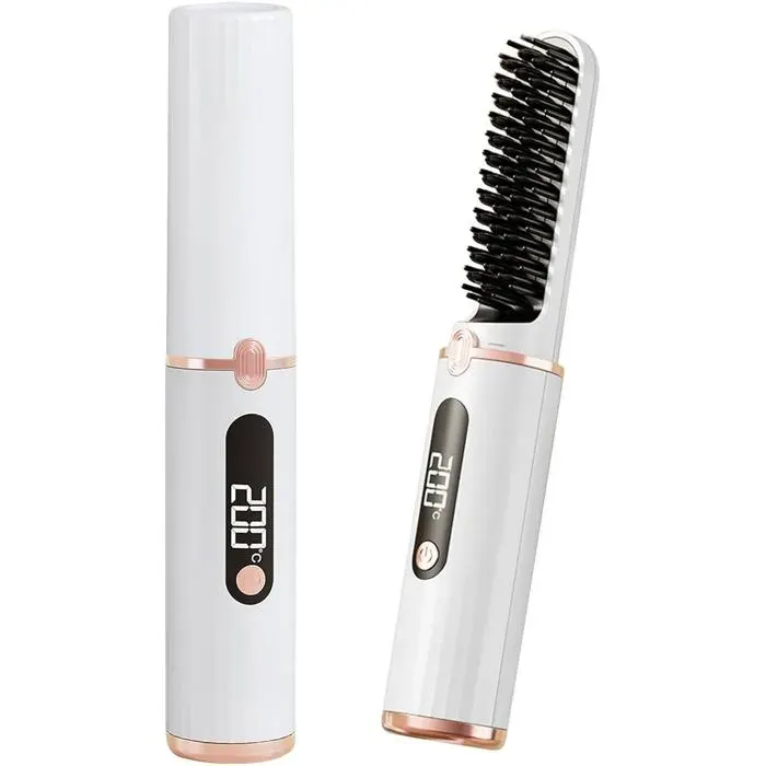 Brosse Lissante pour Cheveux Sans FilMini Brosse Lissante de VoyageLisseur Barbe Hommes avec 4 Niveaux de TempératuresWhite