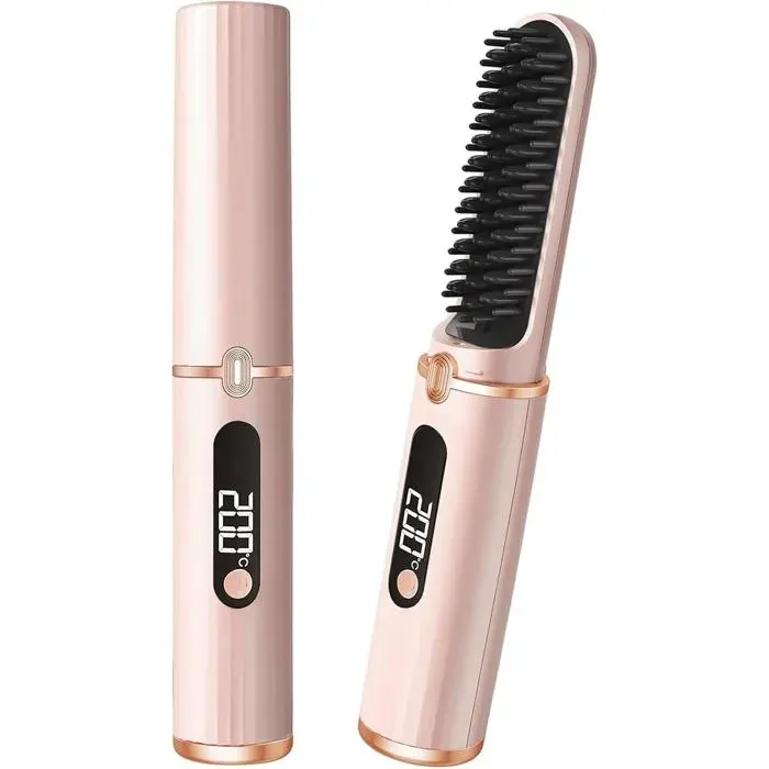 Brosse Lissante pour Cheveux Sans FilMini Brosse Lissante de VoyageLisseur Barbe Hommes avec 4 Niveaux de TempératuresPink