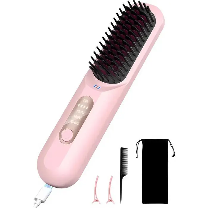Brosse Lissante pour Cheveux sans FilPeigne Chauffant de voyage portableMini Brosse Brushing Chauffante ave dions Négatifsrose