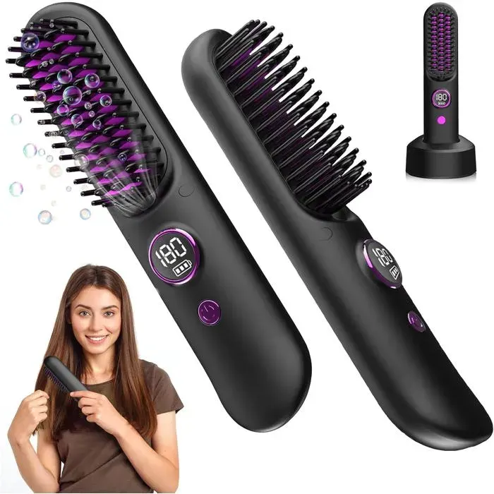 Brosse Lissante pour Cheveux sans FilPortable Fers à Lisser Négatifs Ions avec Station Daccueil 120℃-200℃ Chauffe Rapide