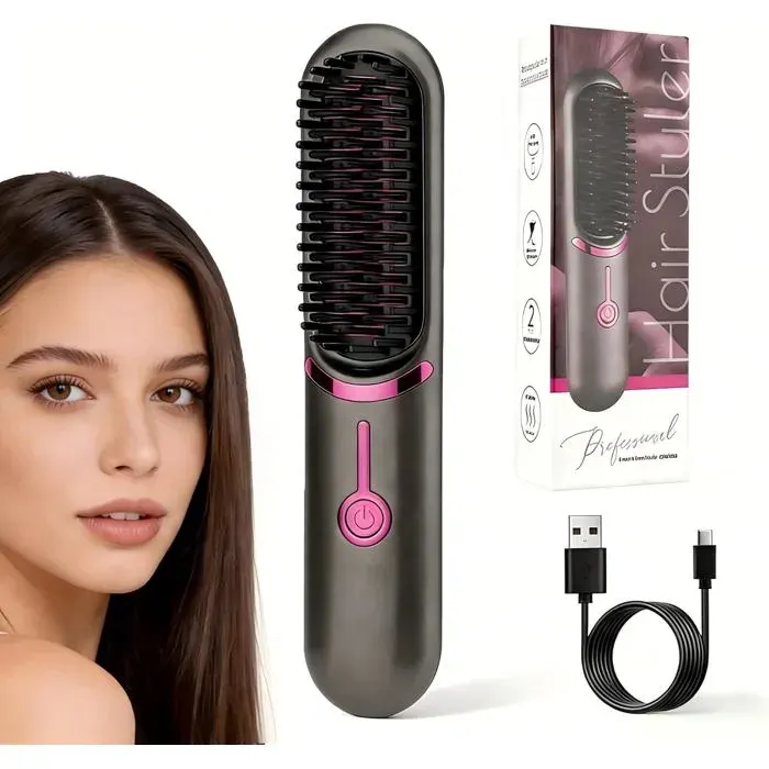 Brosse lissante pour cheveux3 TempératuresBrosse Chauffante Lissante Electrique Professionnelle Peigne Lisseur Ceramique Ionique