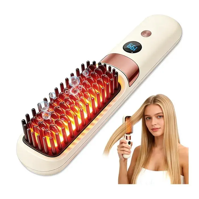 Brosse Lissante Pour CheveuxIon Négatif Anti-frisottis Céramique Brosse Lissante Sans Fil 4 RéGlages De TempéRaturePratique Brosse