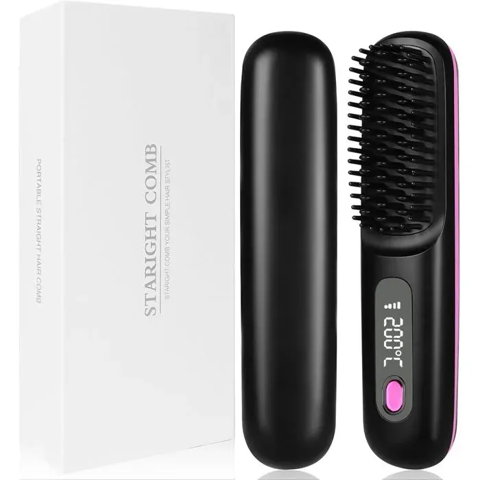 Brosse Lissante Pour CheveuxLisseur Cheveux Sans Fil Portable Mini Lisseur Cheveux Brosse avec ÉCran 3 Température RéglableNoir