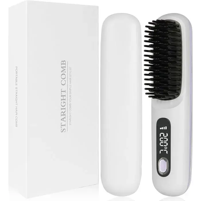 Brosse Lissante Pour CheveuxLisseur Cheveux Sans Fil Portable Mini Lisseur Cheveux Brosse avec ÉCran 3 Température RéglableBlanc