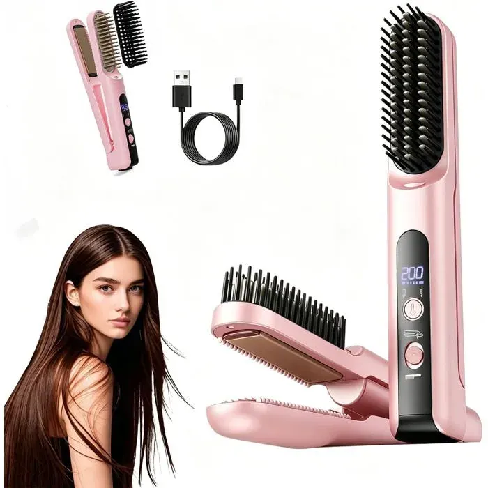 Brosse Lissante pour CheveuxPneu Brosse Lissante Sans Fil2 in 1 Fer a Lisser dions NégatifsPeigne Lisseur Ionique Spéciale(Rose)