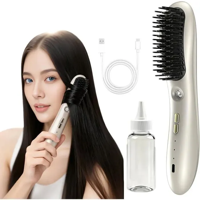 Brosse lissante rechargeable - VETOBIOL - Brosse et fer à lisser combinés - Rechargeable USB - Batterie 5400 mAh — coloris Blanche