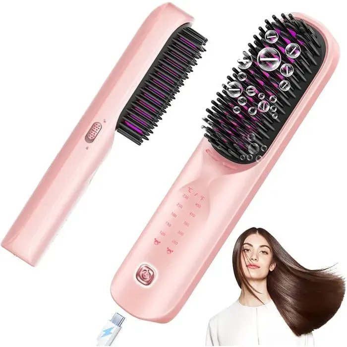 Brosse Lissante Sans Fil 10000 mAh 3 en 1 Brosse Lissante pour Cheveux avec des Millions ions NégatifsRose rose LISSEUR