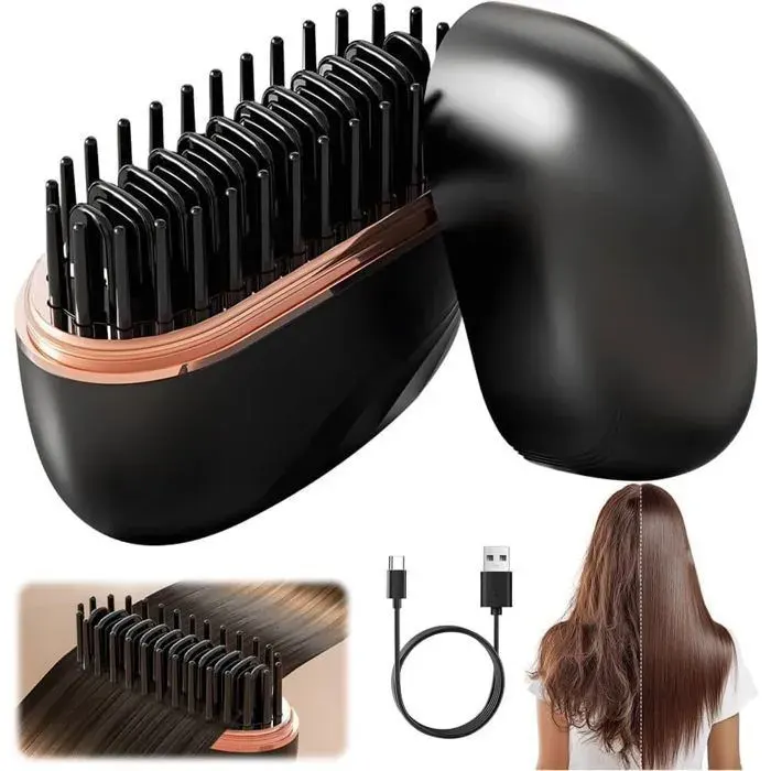 Brosse Lissante Sans Fil 2 en 1 Mini Rechargeable USB Peigne Chauffant à 3 Températures Brosse Coiffante Anti-Brûlure