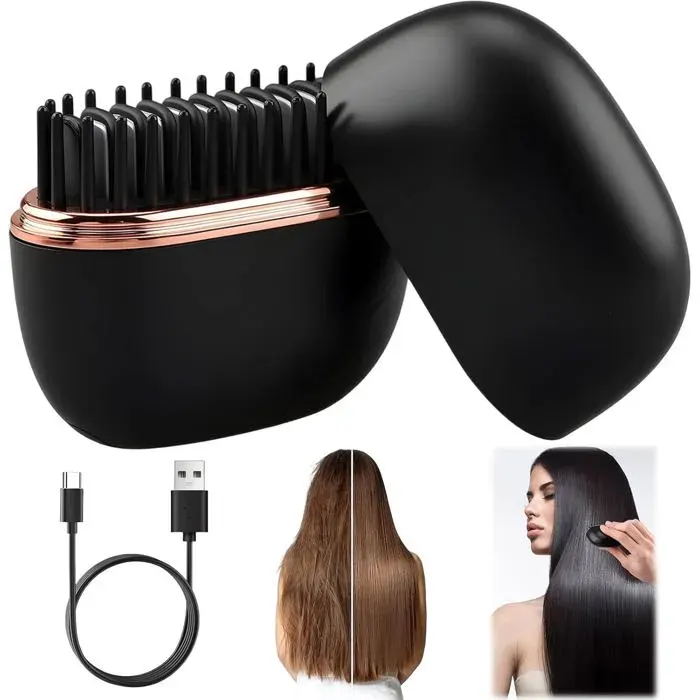 Brosse Lissante Sans Fil 2 en 1 Peigne Chauffant Portable à 3 Températures (160-200°C) Anti-Brûlure Idéale pour Cheveux Lisses