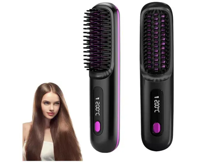 Brosse Lissante Sans Fil 200 Millions dions Négatifs Brosse Lissante 3 Températures Réglables Brosse Chauffante Portable Câble