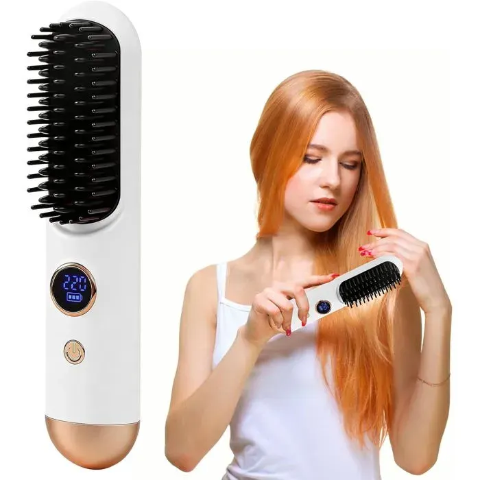 Brosse lissante sans fil 2026 pour cheveux mini brosse lissante portable de voyage avec 9 températures et chauffage rapide (Blanc)