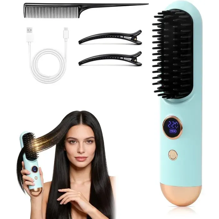 Brosse lissante sans fil 2026 pour cheveux mini brosse lissante portable de voyage avec 9 températures et chauffage rapide (bleu)