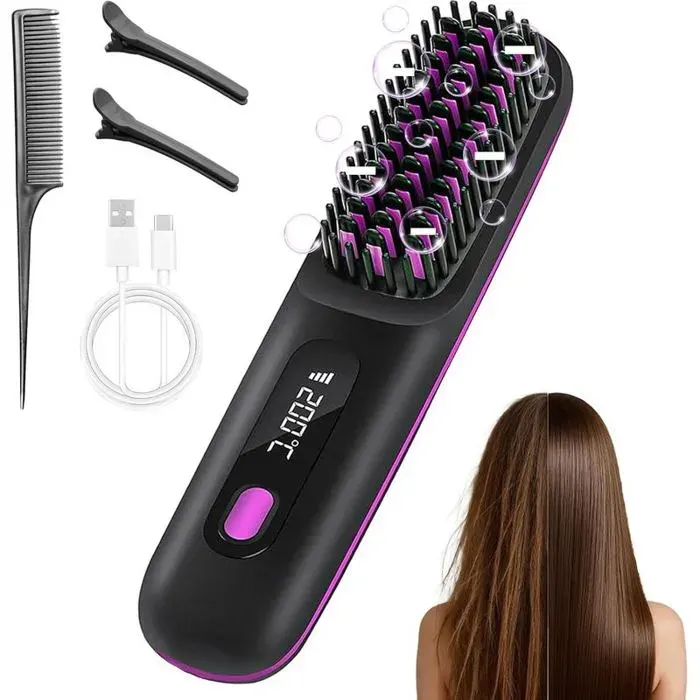 Brosse lissante sans fil 4 en 1 brosse chauffante pour cheveux courts 3 réglages revêtement céramique anti-brûlure affi
