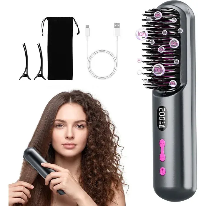 Brosse Lissante Sans Fil 9600mAhBrosse Chauffante Cheveux Court40 Millions Ions Négatifs4 Niveaux de TempératureChauffage Rapide