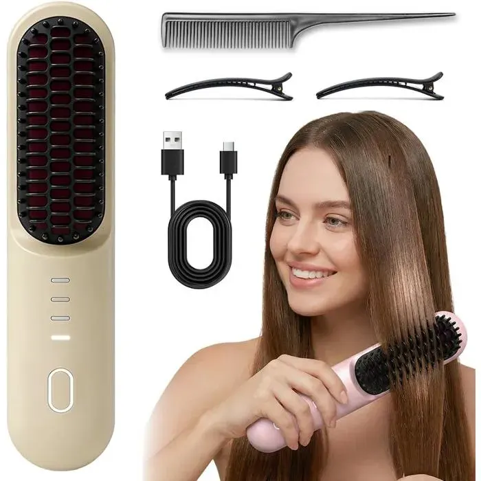 Brosse lissante sans fil améliorée 2026 avec chauffe rapide en 30 secondes 3 réglages de température rechargeable 5000 mAh (Beige)
