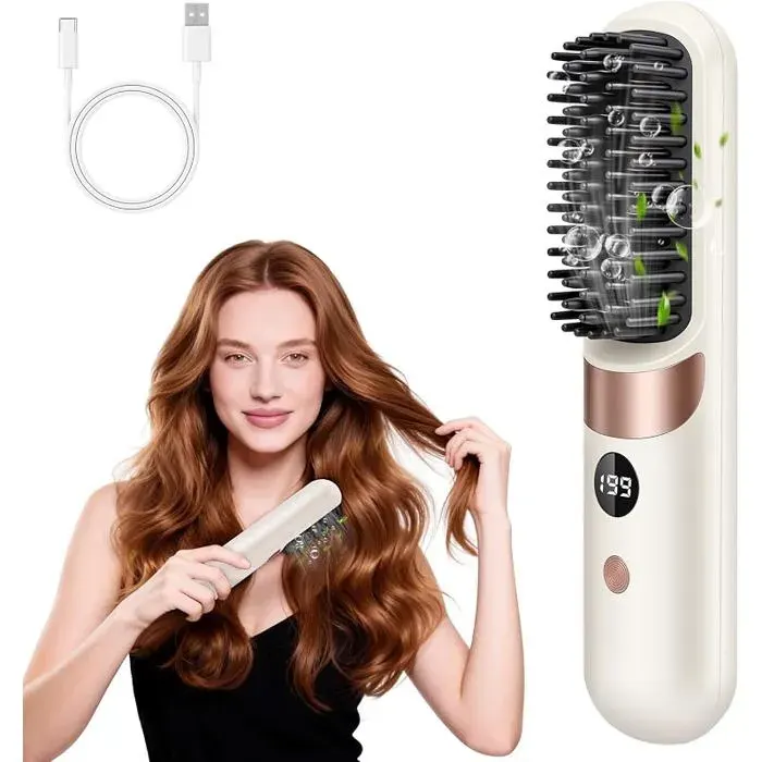 Brosse Lissante Sans Fil avec Écran LED4 Températures Régbles (140°C 199°C)Dents 3D Anti BrûlureBatterie Bnc LISSEUR