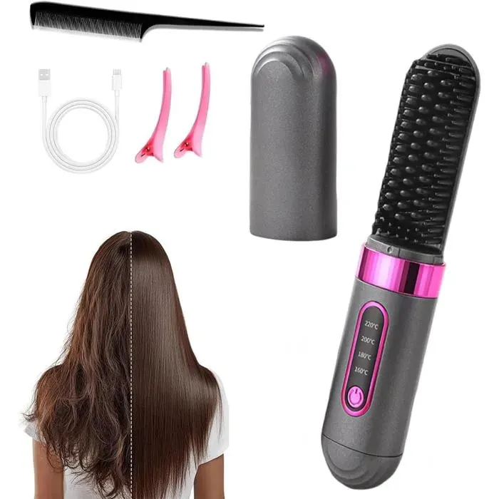 Brosse Lissante Sans Fil Chauffage Céramique Fer à Lisser 4 Réglages De Température Avec Soin Capillaire 2 Fois Plus Rapide