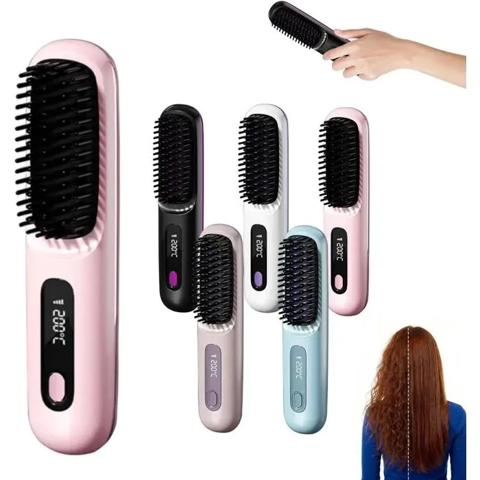 Brosse lissante sans fil compacte pour cheveux courts chauffage rapide plateau lissant céramique (rose)