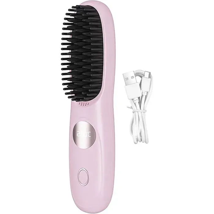 Brosse lissante sans fil fer à lisser avec batterie rechargeable brosse lissante sans fil 3 réglages de température Rose
