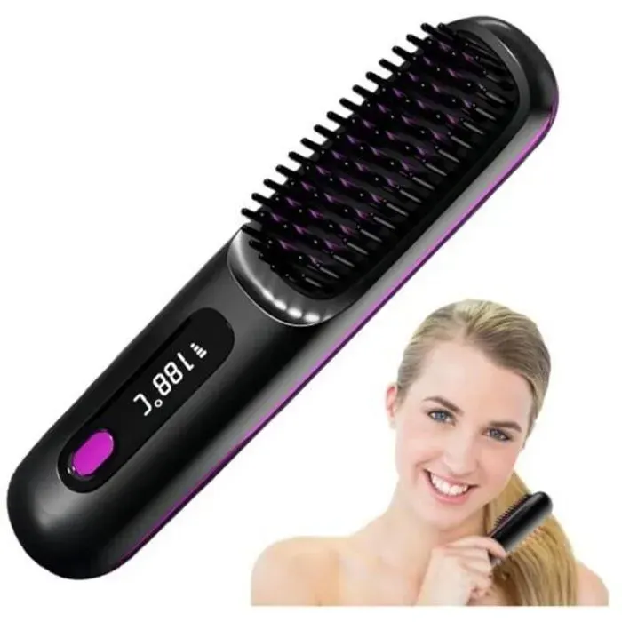 Brosse lissante sans fil ionique pour femme mini lisseur cheveux rechargeable USB. Portable – idéale pour cheveux longs et courts.