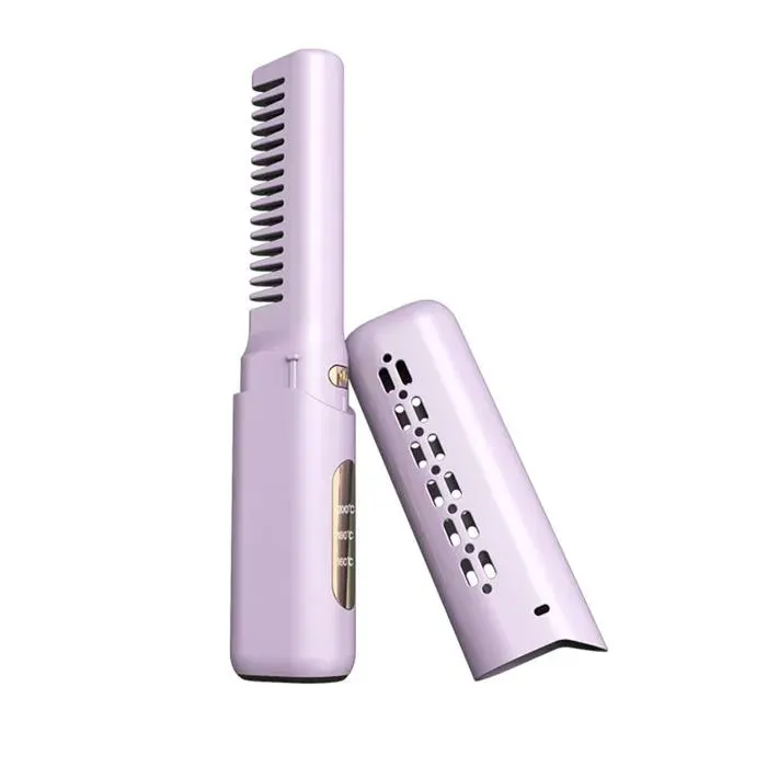 Brosse lissante sans fil mini portable 2-en-1 fer à lisser et boucler 3 niveaux chauffe rapide batterie rechargeableviolet