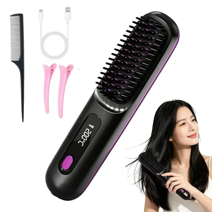 Brosse Lissante Sans Fil Mini - VELUNOR - Lisseur Cheveux - Brosse Chauffante - Barbe Homme - USB Rechargeable - Portable Voyage