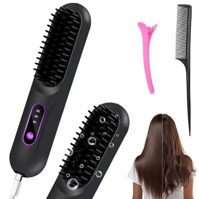 Brosse Lissante Sans Fil Noire 2026 Peigne Chauffant 3 Températures Mini Lisseur 20s Chauffage Rapide Meoiruery