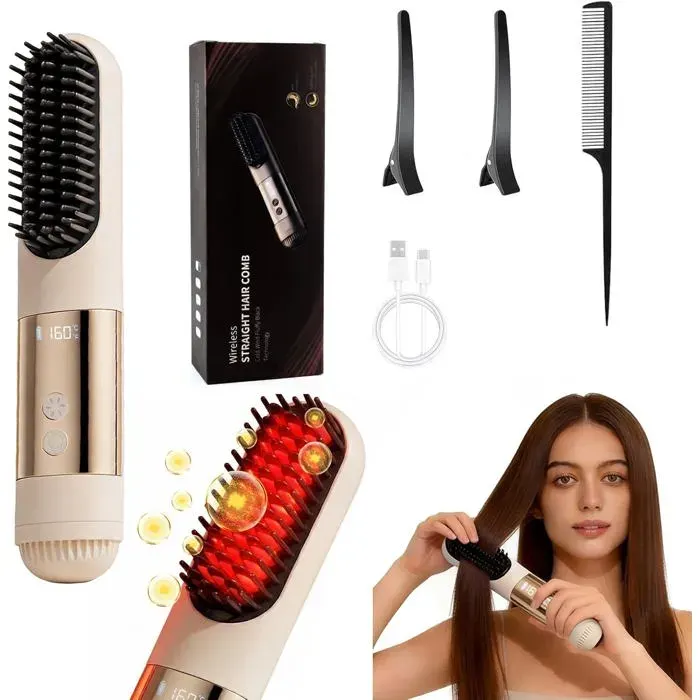 Brosse lissante sans fil portable 2026 - 3 températures chauffe rapide en 30 secondes affichage numérique LED (°C/°F) (beige)