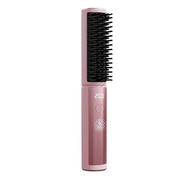 Brosse Lissante Sans Fil Portable Chauffante avec 4 Températures Réglables Soin Cheveux Lumière Rouge Anti-Frisottis Rose