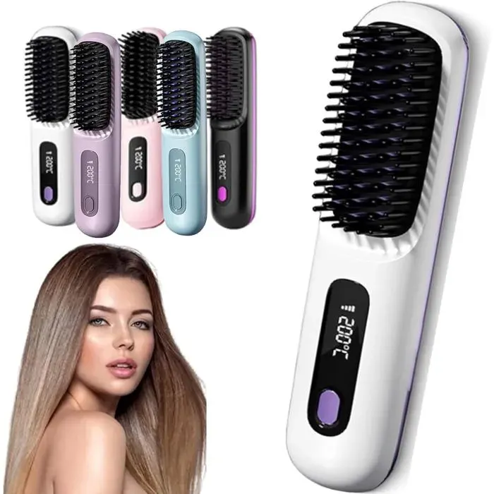 Brosse Lissante Sans Fil Portable LCD Chauffage Céramique Rapide Batterie 2000mAh Lisseur Cheveux Voyage (Blanc)