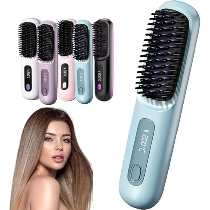 Brosse Lissante Sans Fil Portable LCD Chauffage Céramique Rapide Batterie 2000mAh Lisseur Cheveux Voyage (Bleu)