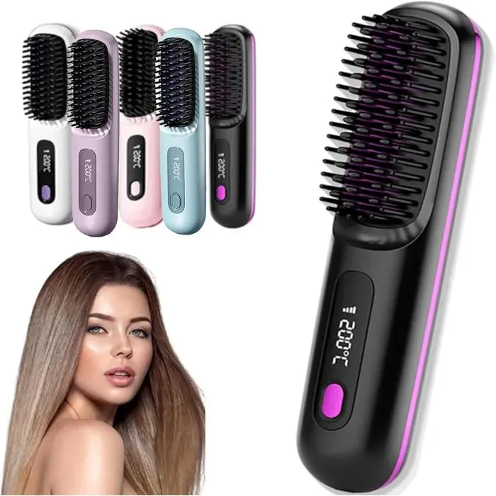 Brosse Lissante Sans Fil Portable LCD Chauffage Céramique Rapide Batterie 2000mAh Lisseur Cheveux Voyage (Noir)