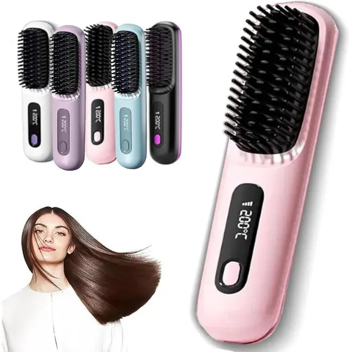 Brosse Lissante Sans Fil Portable LCD Chauffage Céramique Rapide Batterie 2000mAh Lisseur Cheveux Voyage (Rose)