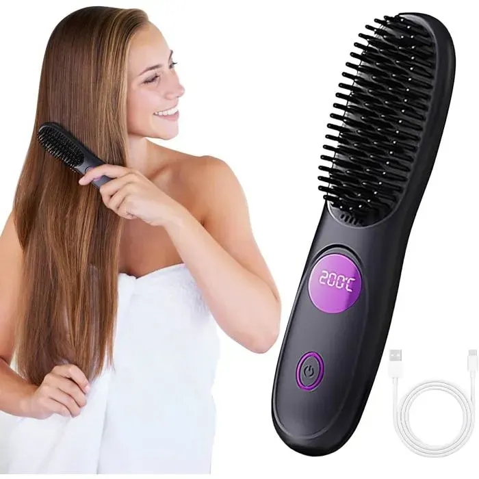 Brosse lissante sans fil portable mini brosse à lisser cheveux avec écran LCD et température réglable voyage