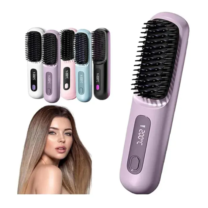 Brosse Lissante Sans Fil Portative 2026 avec Affichage LCD Chauffage Céramique Rapide et Batterie 2000mAh pour Lissage(Violet)